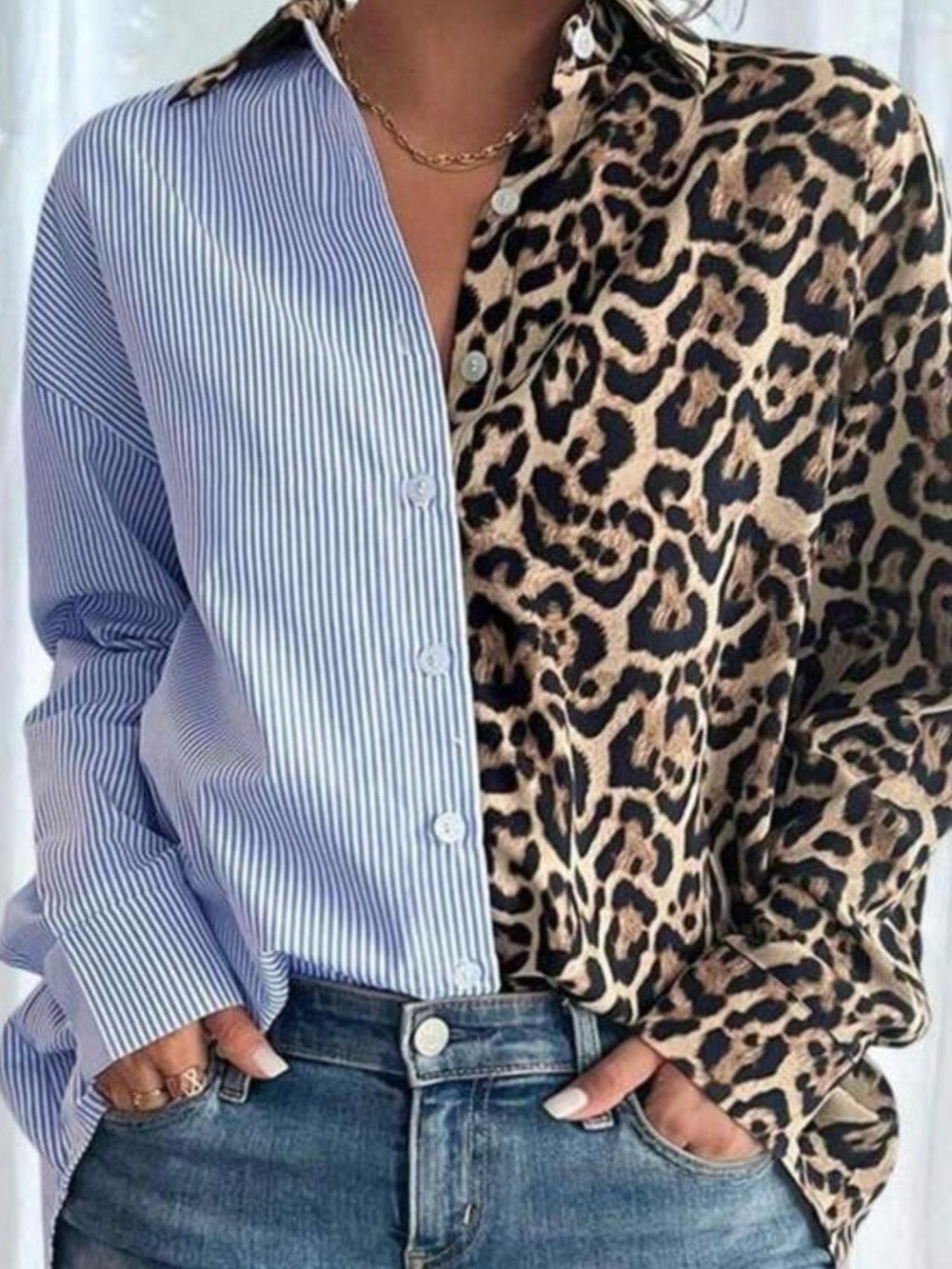 SHEIN Blue Stripe & Leopard Contrast Button-Down Shirt size 8/10
